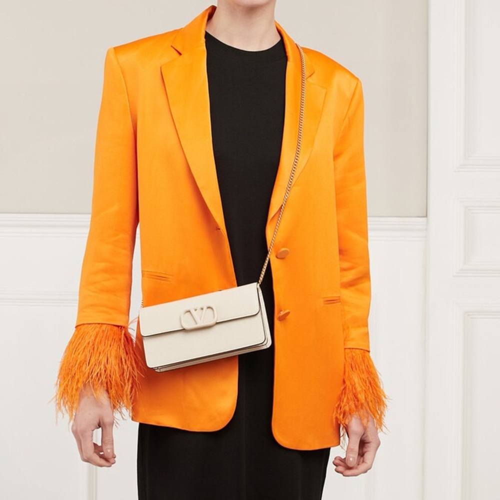 Zara Orange Satin Blazer with Feather Cuffs